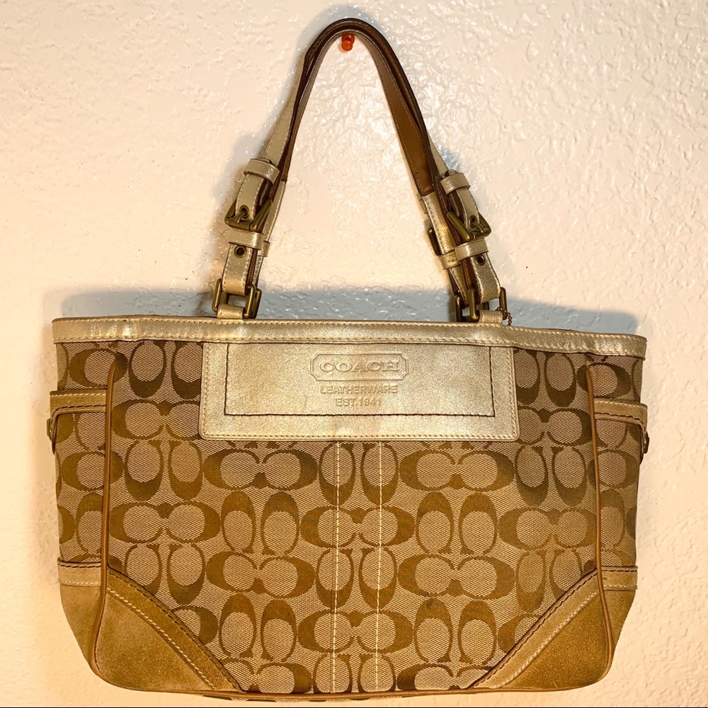 Coach Canvas Suede Signature Beige Satchel Handbag